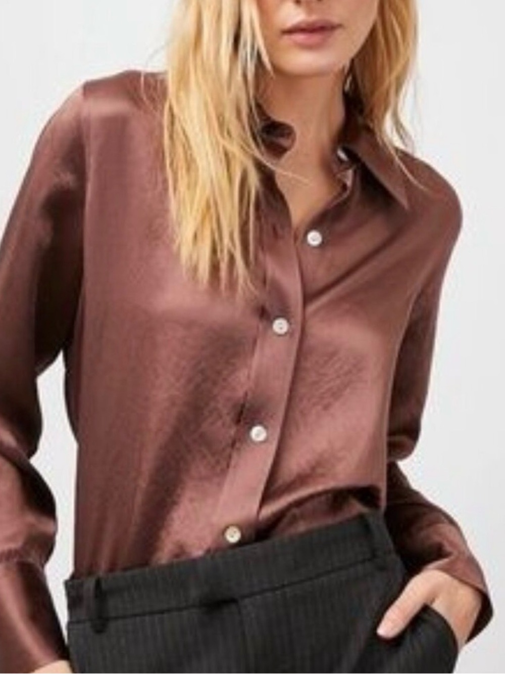 Rails Andrea Satin Button Up Shirt Nutmeg Brown Minimalist Quiet Luxury Size Med